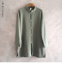 Chinese original cotton and linen loose large size middle sleeve stand-up collar shirt Zen tea suit retro Chinese style spring and autumn mens shirt
