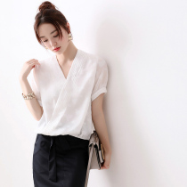 Japanese womens summer new commuter temperament upper body timeless elegant cross collar burn short sleeve craft blouse