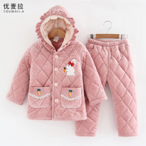 Winter childrens pajamas set girls three-layer thickened quilted medium and big childrens flannel mid-length hooded home clothes