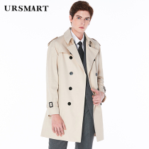 URSMART autumn new double-breasted windbreaker mens beige belt epaulette mens windbreaker youth jacket