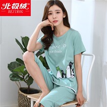 Arctic velvet pajamas womens spring and summer pure cotton short-sleeved three-point pants cute women 2021 new home wear suit