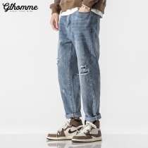 Autumn new mens jeans loose straight tube youth broken hole Korean trend leisure ankle-length pants mens Tide brand