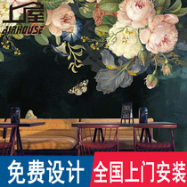 American country wallpaper pastoral mural big flower black peony living room sofa video background wallpaper film wall cloth