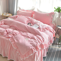Winter velvet velvet plus velvet padded four-piece quilt cover bed skirt warm coral velvet 1 8m bedding