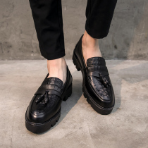 Casual leather shoes mens summer leather breathable tide British one-pedal thick-soled increased round head black all-match mens shoes