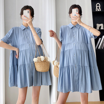 Pregnancy Woman Dress Summer Dress 2022 New Fashion Short Sleeves Flip Collar Dress With Dress Loose Big Code Dresses Small Frescoed Pregnant Woman Dress