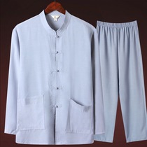 Tang suit male Chinese style spring linen long sleeve shirt ancient style collar buckle clerk Zen clothing Chinese cotton linen suit