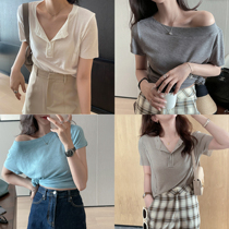 TMH STUDIO Yunduo Shuffle design feeling short sleeve T-shirt female summer white button Compassionate Lined shoulder blouses