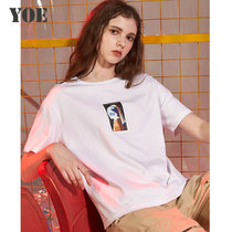 YOE womens new fashion black and white pure cotton printing short-sleeved T-shirt women loose ins tide short top summer clothes