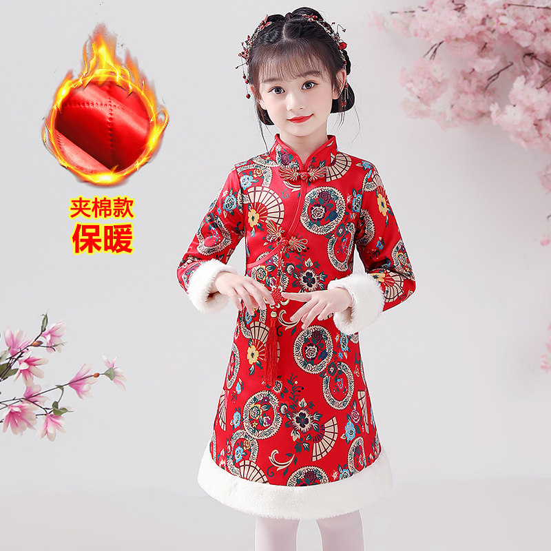 Childrens cheongsam winter girls  Tang dress Han clothes Chinese style festive red princess dress winter baby girl New Year dress