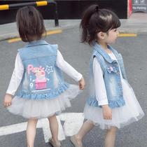 Childrens clothing girls spring denim vest Korean version of childrens small and medium-sized childrens piggy Peggy vest baby casual waistcoat trendy