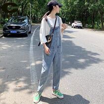 South Korea 2021 Spring Summer Thin Denim Strap Pants Womens Loose Straight Wide Leg Pants Age Small Tide