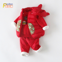 Childrens and womens babies autumn and winter clothes baby childrens red cotton clothes three-piece suit plus velvet winter thick 0 1-3 years old