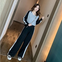 Casual suit Womens autumn new sweater Western style age-reducing sports leisure striped hooded top wide-leg pants two-piece set