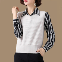 Fake two blouses womens shirt collar sweater loose splicing stitch-weaters 2021 spring dress slim fit outside wearing a Machia shirt