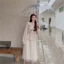 South Korean sweet and super fairy embroidery turned over 2022 autumn and winter loose lantern sleeves sweaters senswomen web yarn press pleated dress