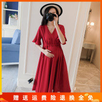 Red Pregnant Woman Lian Dress Women Dress Snowspun Skirt Summer 2021 New V collar High waist with long dresses Fab-style little crowdsourced