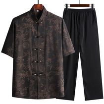 Middle Aged Summer Clothing Mens Aged Clothing Father Ice Silk Thin Pieces Two Sets Of Tango Mens Clothing Short Sleeves Suit Chinese Wind