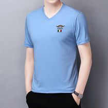 2021 summer new mens light blue T-shirt mens short sleeve V-neck loose casual mens top