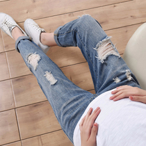 Pregnant women pants spring and summer wear fashion hole pregnant women jeans summer wear large size nine-point straight tube belly pants