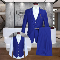 Mens casual suit suit Royal blue three-piece Korean version slim handsome British style suit Groom wedding suit