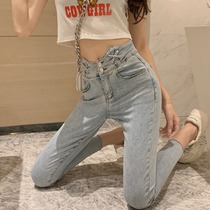 Net red high waist light blue jeans women 2021 autumn new high-profile Slim Skinny small feet pencil pants