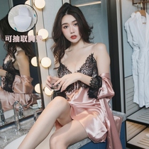 Big sexy nightdress woman 200 pounds fat mm pajamas simulated silk hanging belt two sets of ice silk house clothes