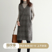 Ear East Sparrow wool tweed plaid vest dress autumn and winter long sleeveless V-neck chick dress dress female