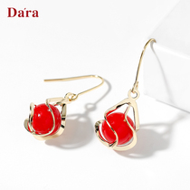 Dela 925 silver hook temperament Red Imitation pearl dress wedding earrings Net red 2021 New Tide earrings