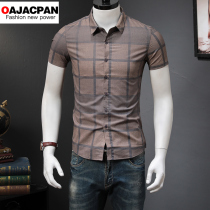2020 Summer new personality retro plaid short sleeve shirt male slim shirt tide Korean business Youth inch shirt
