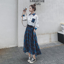  Plaid long-sleeved shirt dress womens spring 2021 new lace-up stitching French retro over-the-knee skirt