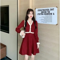 Europe station autumn and winter new foreign style age-reducing waist red small dress thin long sleeve knitted base dress female