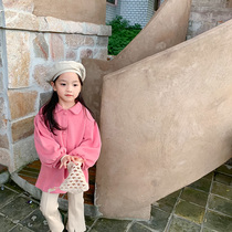 Girls jacket 2021 Autumn Han version of children Mini suede Loose Lantern Sleeves Pure Color Single Row of Warm Wind Clothing Foreign Air