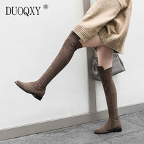 Genuine leather brown long boots women frosted extra-long over knee boots Round Head Coarse Heel lean elastic thigh boots Flat-bottomed Slim Boots