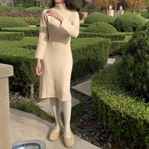 SYT slim all-match half-turtleneck knitted dress Korean chic mid-length solid color sweater skirt 2021 new