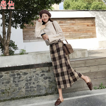 Milk tea Plaid a skirt womens knee with sweater split wool straight tube one step long skirt autumn and winter