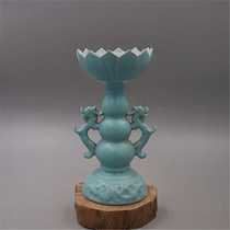 Song Ru kiln sky green glaze Shuanglong lotus flower incense cut old antique porcelain antique Buddha Road decoration old goods collection