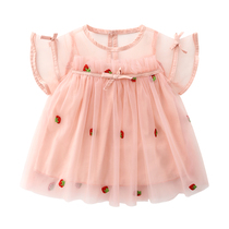 British next kid baby girl summer new cotton short-sleeved jumpsuit cute strawberry embroidered powder gauze skirt cute