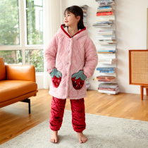 Girls Coral Velvet Three-Layer Cotton Pajamas Autumn and Winter Thickened Children Flannel Home Clothes Set Girls Long