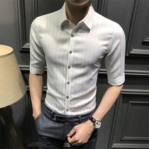 Spring and autumn striped shirt mens summer young and middle-aged five-point and seven-point sleeve slim-fit business casual high-end shirt men