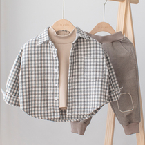 Boys autumn shirt 2021 new childrens plaid shirt thick abrasive coat Korean baby Foreign style coat