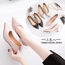 2021 New Spring stiletto leather high heels female pointed mid-heel cat with Joker professional work single shoes