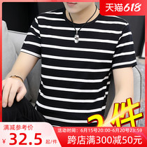 Pure cotton short sleeve t-shirt man 2022 Summer ice silk ice sensation black and white striped half sleeve trend round collar bottom sea soul shirt