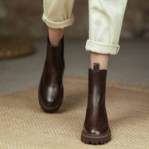 Explosive short boots 2021 autumn and winter new leather thick soles plus velvet Chelsea smoke tube boots British style Martin boots