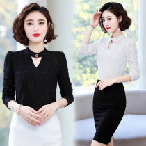 Standing collar chiffon shirt women's long sleeve foreign style 2022 spring new slim coat with lace shirt