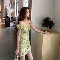 Body trendy floral lace Bubble sleeves 2021 Summer medium length Chopped Flowers Skirt High Waist Pumping Pleats Short dress