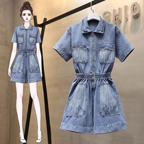 Floss denim jumpsuit shorts set foreign fashion elasticated jumpsuit womens 2021 summer New Sequins