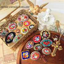 vintage italian mosaic cross necklace with medieval colored glass stone inlay with daisy loneliness brooch