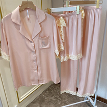 Close eye to JI simple Spring and autumn silk thin pajamas female short sleeve trousers three pieces of hot drilling silk