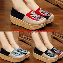 New ethnic style embroidered cloth shoes high heel canvas breathable low-top womens single shoes thick soles one pedal casual shoes